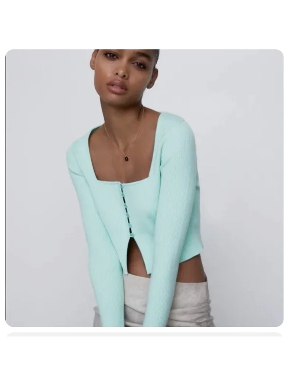 Zara‎ Ribbed Knit Cropped Cardigan Womens Medium Mint Green Square Neck Coquette